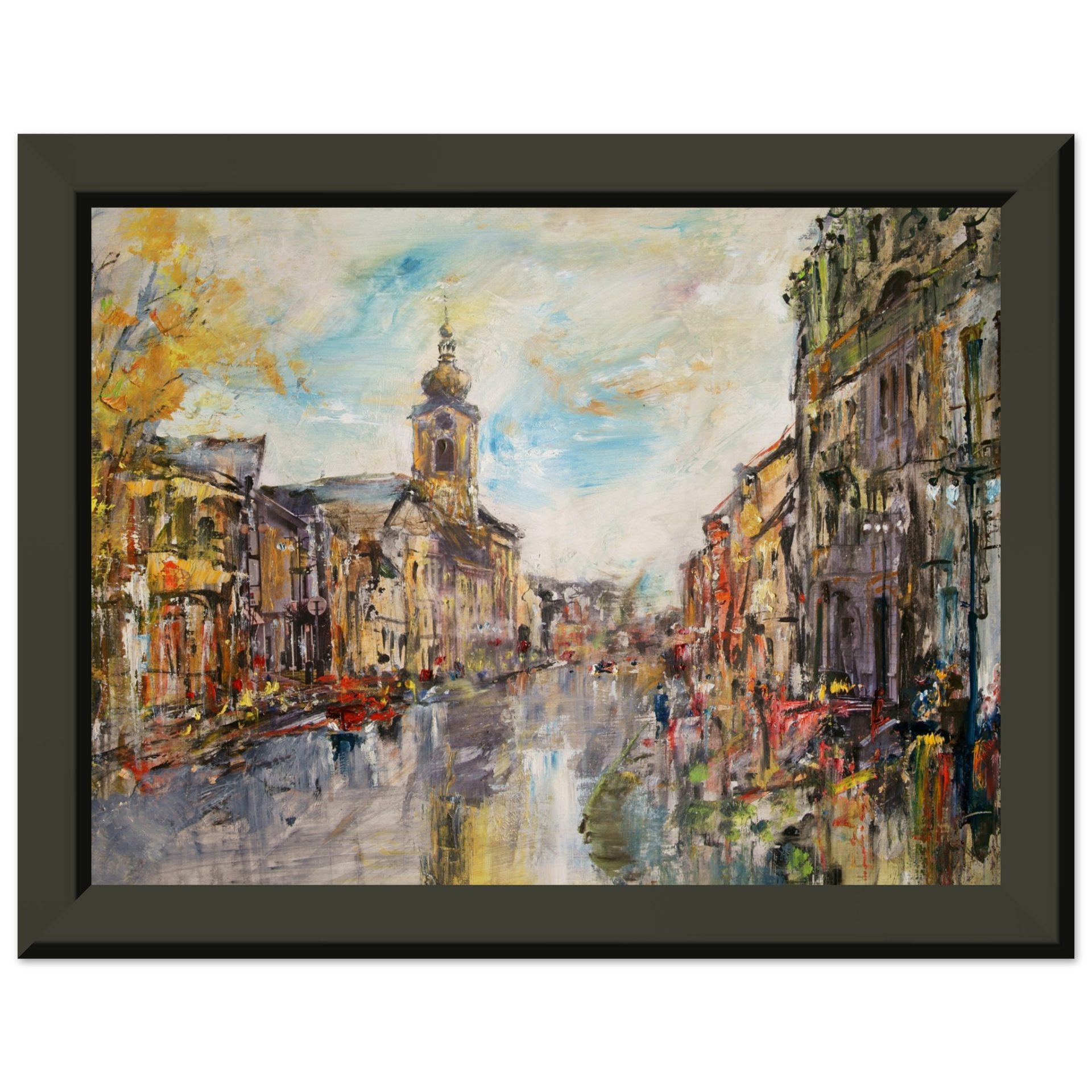 City street with Baroque church, oil Painting Artistic background